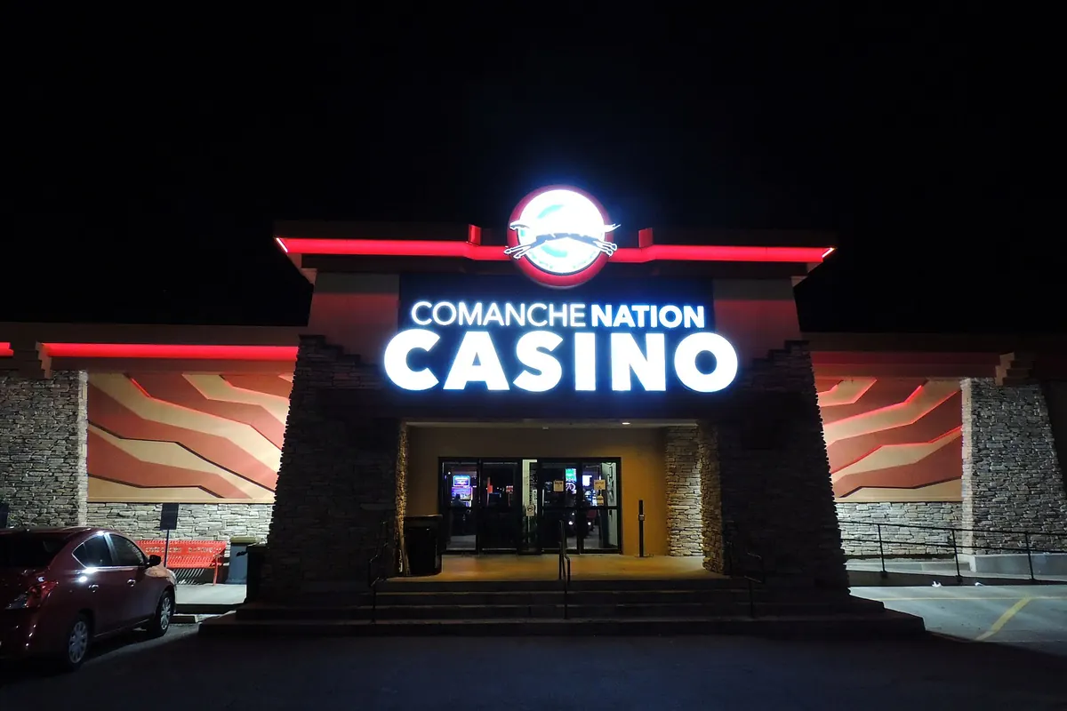 Comanche Nation Casino entrance lit up at night