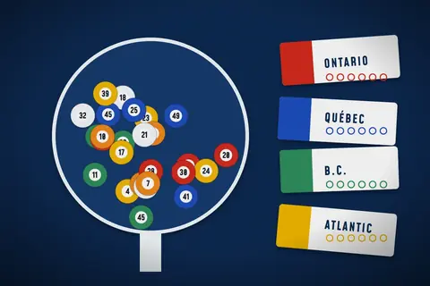 Illustration: a lottery draw drum full of numbered balls beside tickets marked Ontario, Québec, B.C. and Atlantic