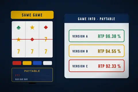 Illustration: one slot cabinet beside a game-info panel listing three RTP versions of the same game