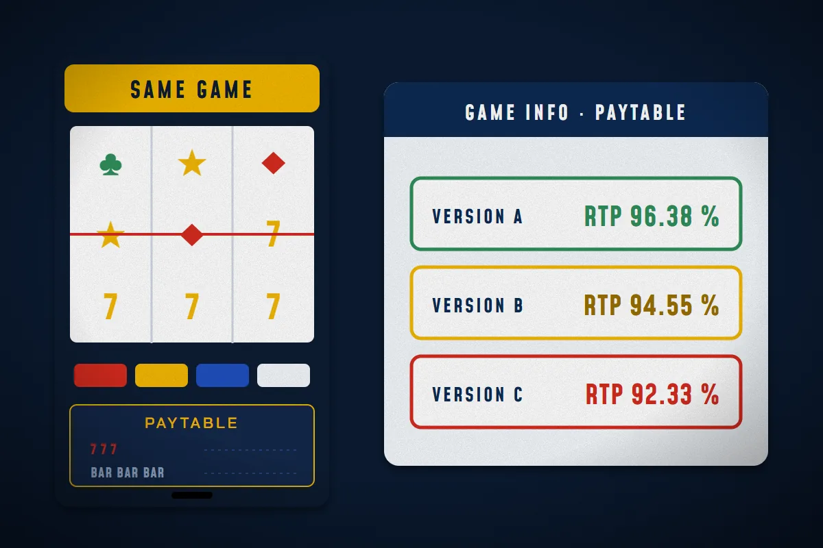 Illustration: one slot cabinet beside a game-info panel listing three RTP versions of the same game