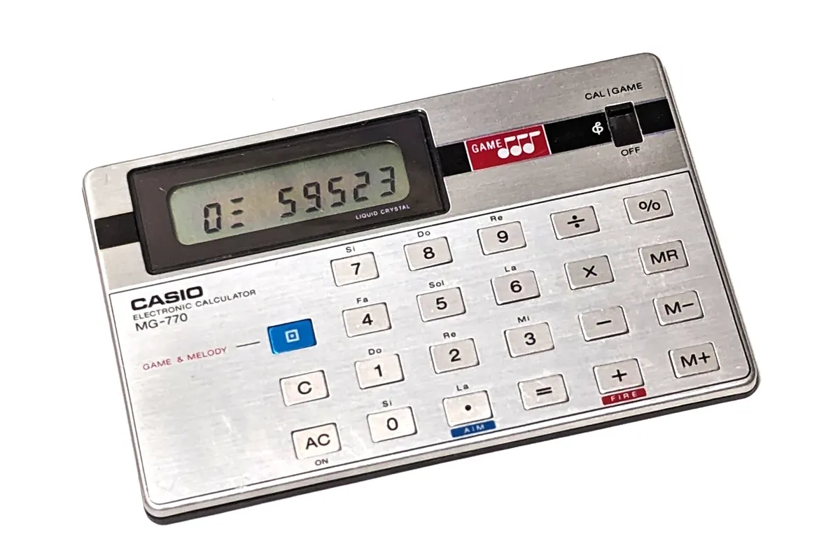 Thin Casio pocket calculator showing a number on its display